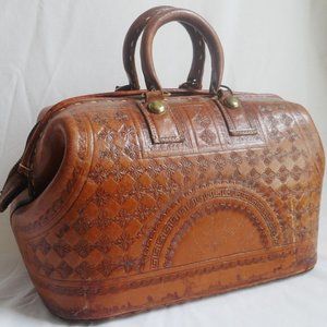 Vintage Tooled Embossed Brown Leather Travel Bag